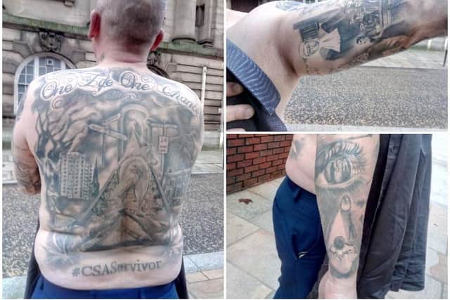 Sexual abuse survivor Wayne Pilsworth reveals tattoos of his journey outside Sessions House Court, moments after his abuser Paul Timmis was jailed for 14 years