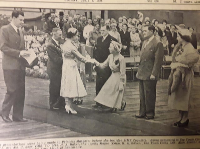 Princess Margaret meets local dignitaries in Fleetwood 1955.