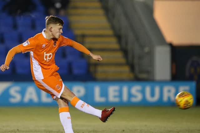 Roache takes a penalty during Blackpool's EFL Trophy fixture against Shrewsbury Town in 2018