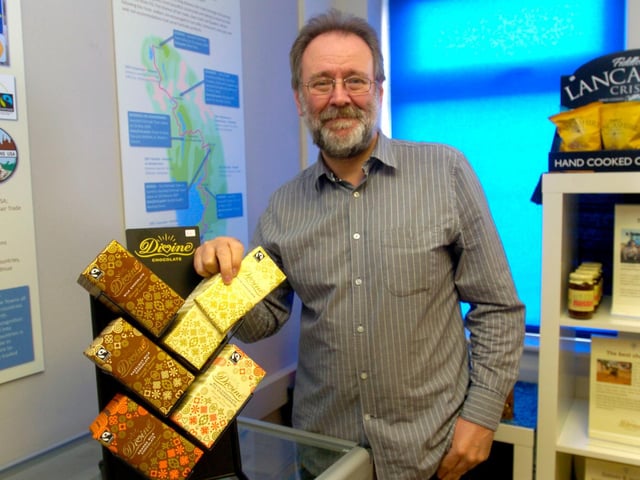 Bruce Crowther pictured with some of The Fig Tree's Fair Trade chocolate