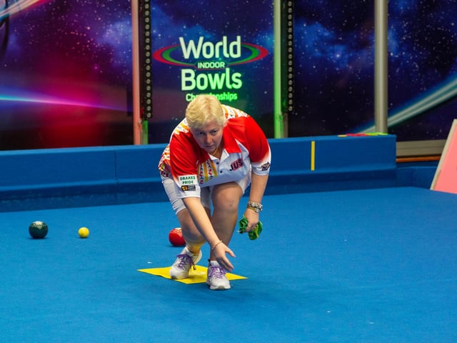 Janice Gower contests the ladies' singles final at the World Indoor Bowls Championships in Norfolk this afternoon