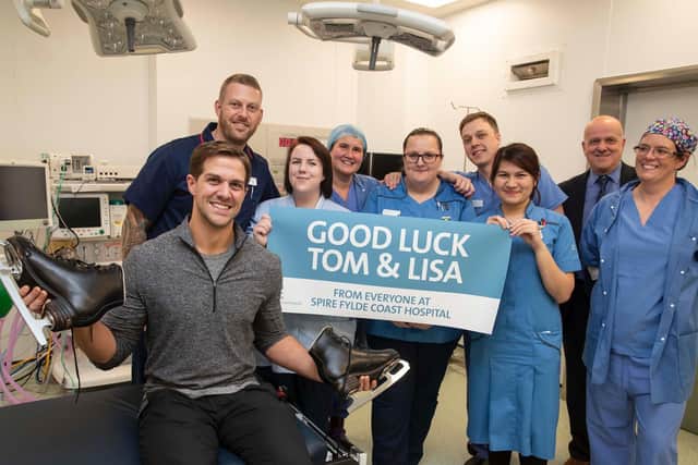 Dancing on Ice professional dancer Tom Naylor (front left) gets the support from staff as he pays a visit to the Spire Fylde Coast Hospital in Blackpool, including his dad consultant Gerald Naylor (rear, right). Picture: Spire Fylde Coast Hospital/Jason Roberts