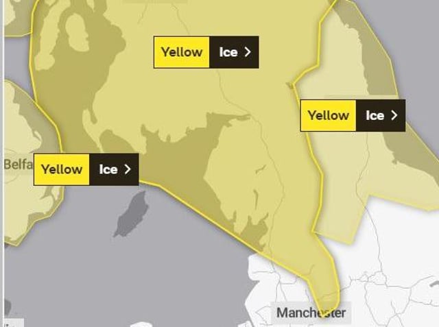 A yellow weather warning is in place for parts of Lancashire for tonight and tomorrow (Met Office map).