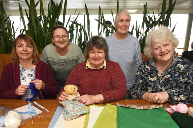 Poulton St. Chad's knit and natter group. L-R: Steph Lovejoy, Christine Smith, Brenda Cross, Norma Jeffrey and Mary Kay.