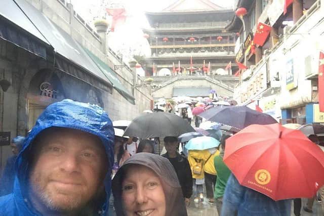 Chris and Gabriella in rainy China