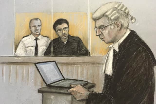 Court artist sketch dated 27/01/20 by Elizabeth Cook of Duncan Penny QC (prosecution) on his feet as Hashem Abedi, younger brother of the Manchester Arena bomber, sits in the dock at the Old Bailey in London accused of mass murder (Picture: Elizabeth Cook/PA Wire)