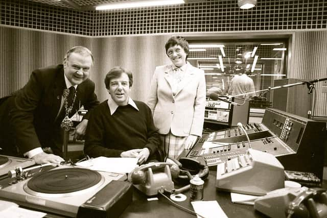 Russell Harty and the Mayor and Mayoress of Preston Joe and Vera Pownall pictured on the day the station was launched on October 5, 1982