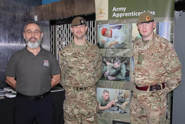 At the Our Future, Our Choice event,  Left to right, Marc Steventon, Army Careers, Sgt Jackson, Scots Guards and Kingsman Corie of the Duke of Lancaster's Regiment