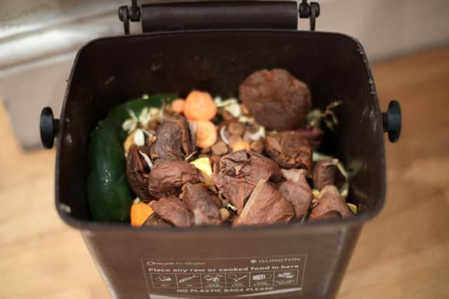 Food waste is collected from houses using a caddy in the kitchen