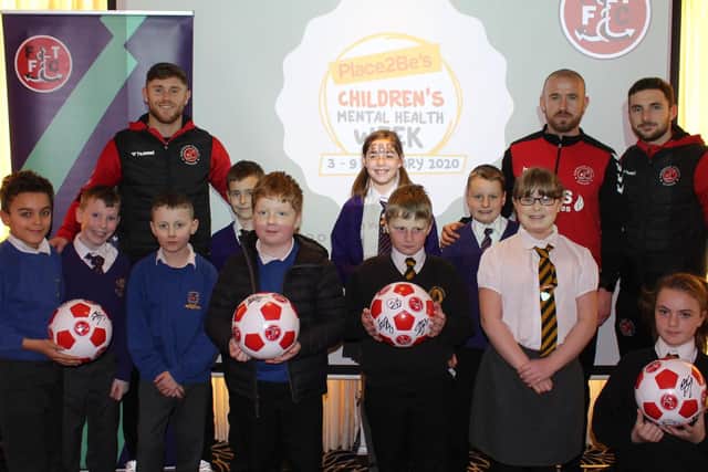 Fleetwood Town FC players with pupils from St Wulstan's and St Edmund's, Chaucer and Flakefleet