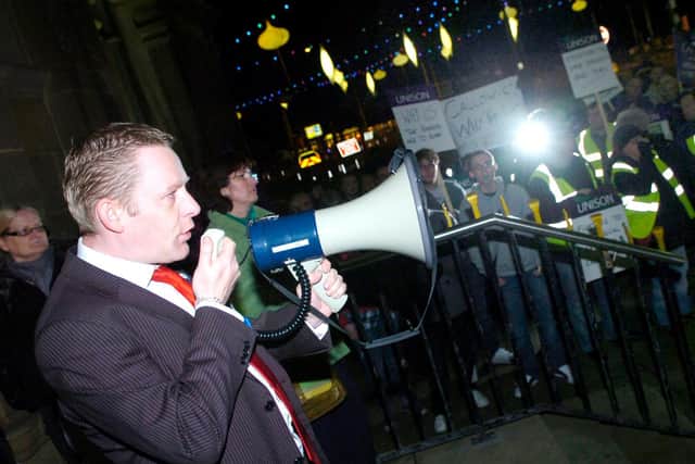 Coun Simon Blackburn at a protest against job cuts due to Central Government austerity in 2010