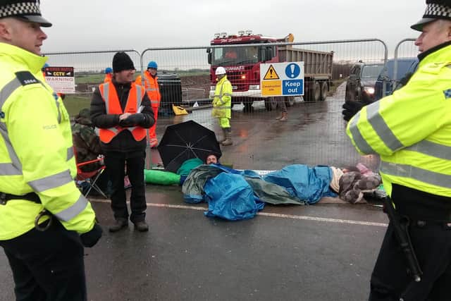 Protesters locked together at the front of the Preston New Road drill site. Actions like this resulted in Cuadrilla getting an injunction to restrict protests