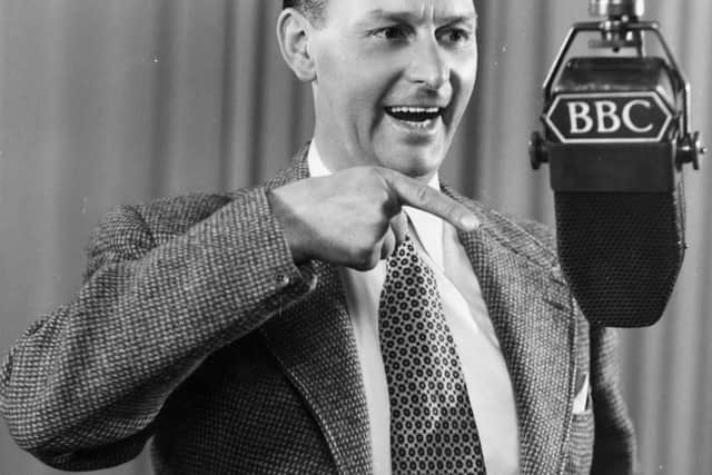 circa 1952:  English comedian Al Read at a microphone during a BBC Radio broadcast. Photo: Getty Images
