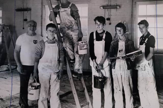 Youngsters from Fleetwood's Youth Opportunities Scheme working on the decorating of St Paul's Church Hall. From left: Geoff Beaumont (supervisor), Stephen Brown, Peter Graham, Carl Heggie, Colin Bevan and Mark Whelan