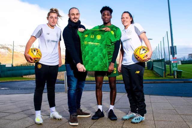 Kathleen McGovern, Matt Cairns, Jeremie Frimong and Lisa Robertson announce a new partnership between Celtic FC and Eleven Sports Media of Blackpool