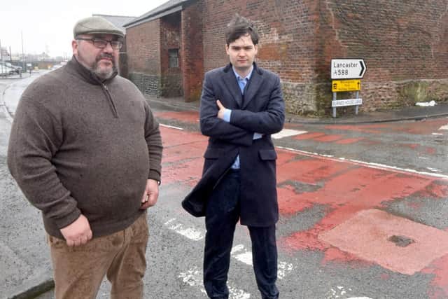Manager of Park Lane Auto Sales Michael Williams (left) and County Councillor Matthew Salter have demanded action to make the junction in Preesall safer.