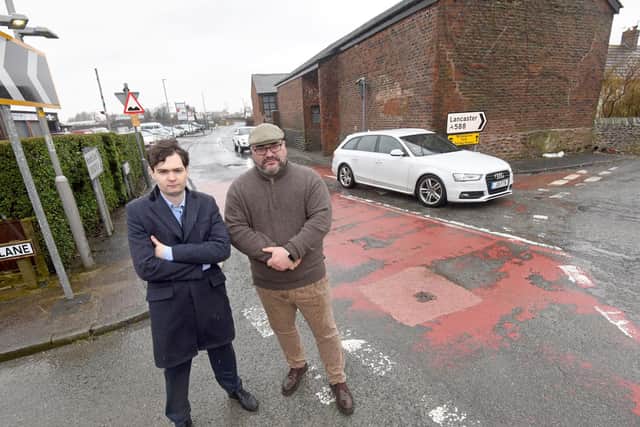 County Councillor Matthew Salter and Park Lane Auto Sales manager Michael Williams have called for action over the 'dangerous' Preesall junction.