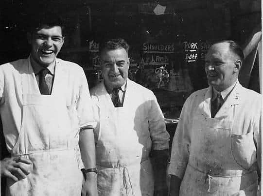 A young Jeff Meadows, left, with Wilf Gosling (centre) and Alwyn Greenwood at the Co-op Butchers in Harrowside in the 1950s.