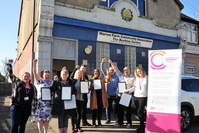 left, Mags Burrett, Community Connector for Emerging Futures and right, Diane Sharples, Project Lead for Emerging Futures with those receiving the Family Coaching Certificate's at the Beehive Centre in Fleetwood