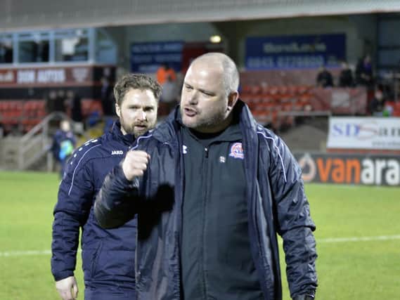 Manager Jim Bentley shows his delight as his Fylde side end their long winless league run Picture: STEVE MCLELLAN