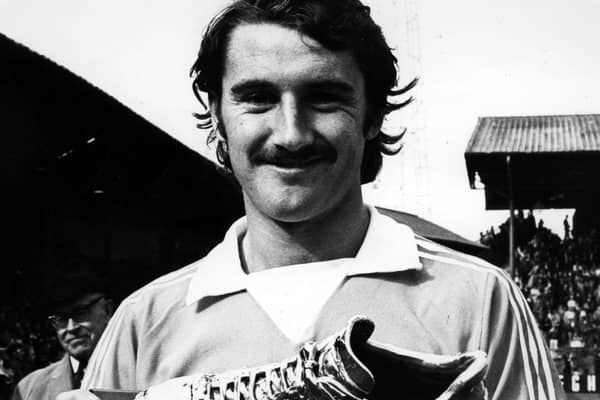 Walsh with his gold-plated boot for his wonderstrike against Sunderland which was voted goal of the 1974/75 season