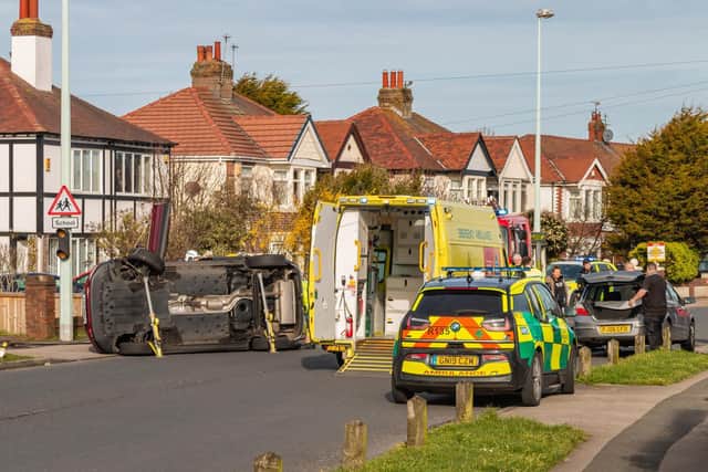 The scene of the crash in Bispham Road, near The Squirrel pub, this morning (March 19). Credit Mark Eastham Photography
