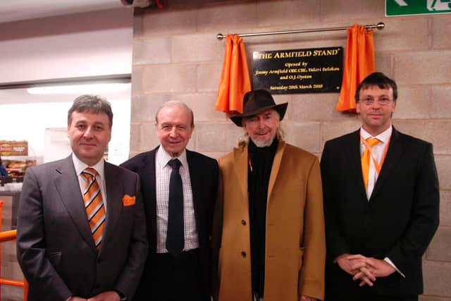 The new South Stand is officially unveiled by Valeri Belokon, Jimmy Armfield and Owen and Karl Oyston