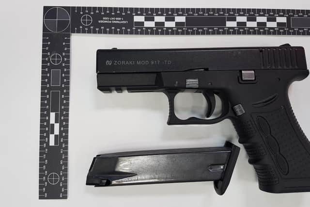 This Zoraki 9mm hand gun was discovered by Border Force officers carrying out checks on UK-bound vehicles in Coquelles, France. Pic: NCA