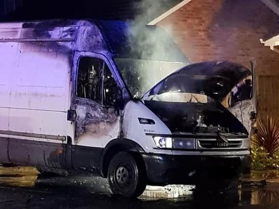 The van was found on fire in St David's Church Hall car park shortly after midnight this morning (Thursday, March 26). Pic: Kelly Railton