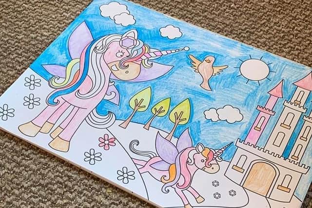 The unicorn picture Layla and her mum coloured in for Ellen