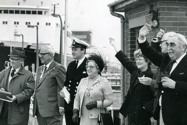 Judges and guests watch the Maritime Festival sail-past. Sir Walter Clegg is on the right. Other guests include (left ro right) - Mr Bill Backshell (commercial officer of Fleetwood Docks), Coun Harold Formstone (Mayor of Wyre), Lieutenant Commander Duncan Ferguson (captain of HMS Sheraton), Mrs Emma Formstone (Mayoress), Lady Elise Clegg and Mr Roger Clark (manager of Wyre Petroleum)