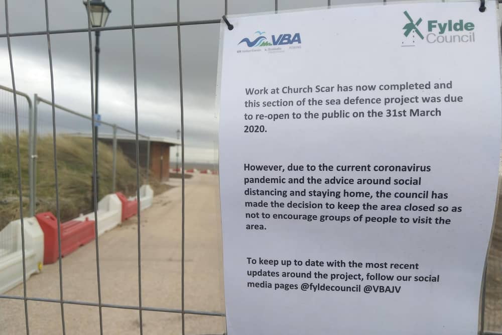 The Granny's Bay entrance to the still-closed path, complete with notice from Fylde Council detailing why it is still shut off