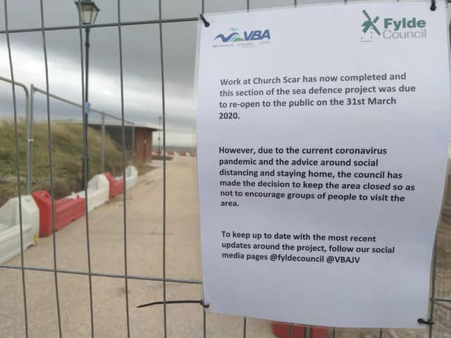 The Granny's Bay entrance to the still-closed path, complete with notice from Fylde Council detailing why it is still shut off