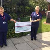 Receiving the cheque from Blackhurst Budd are Clinical Director Nicky Parkes  (left) and Ward Manager Cathy Whittaker at Trinity Hospice