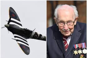 Pictured left, a Supermarine Spitfire British single-seat fighter plane, right, Captain Tom Moore