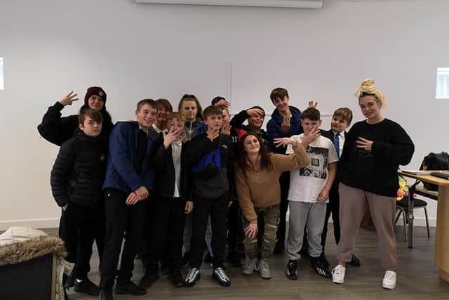 A new project Grime of Grange has been launched to inspire youngsters at Grange Park, Blackpool.
Pictured are Sophie Aspin in the middle and Sam (left) and Aishley (right) from House of Wingz with youngsters from Grange Park taking part in the Grime music pilot workshop which has led to the scheme.