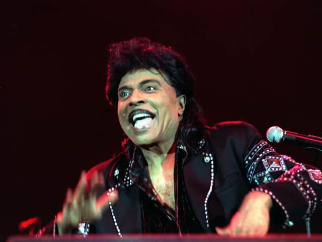 Little Richard performing on stage during the Legends of Rock 'n' Roll one-off concert held at the London Arena, along with Chuck Berry and Jerry Lee Lewis.