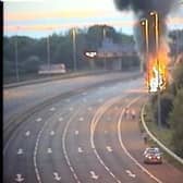 The lorry on fire, Picture: Highways England