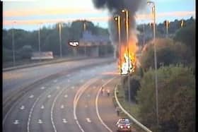 The lorry on fire, Picture: Highways England