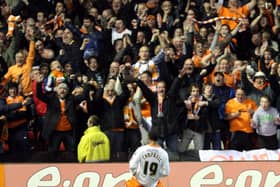 Hat-trick hero DJ Campbell celebrates in front of the Blackpool fans  Picture: DAN WESTWELL