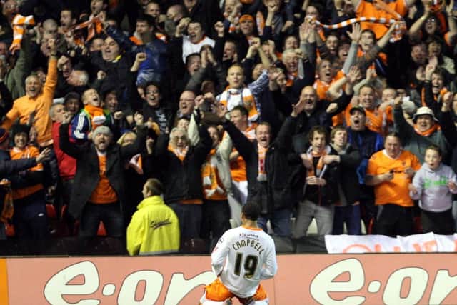 Hat-trick hero DJ Campbell celebrates in front of the Blackpool fans  Picture: DAN WESTWELL