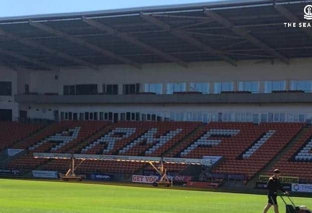 We still can't get a trim but the Bloomfield Road pitch can ... ready for whenever play resumes  Picture: BLACKPOOL FC