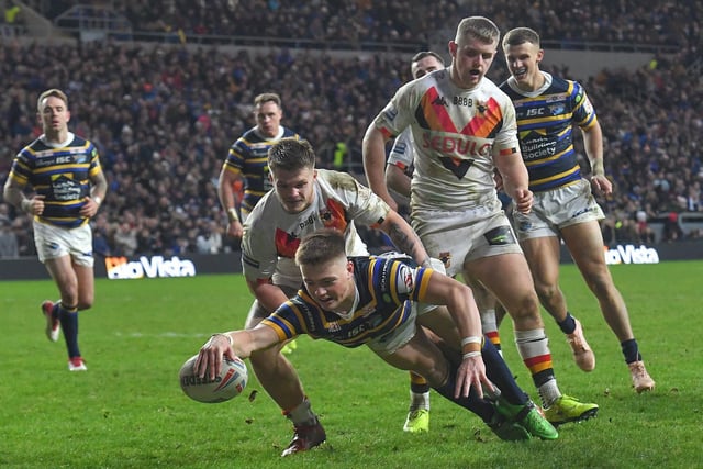 Leeds Rhinos' Callum McLelland scores his sides fifth try during the testimonial match at Emerald Headingley in January.