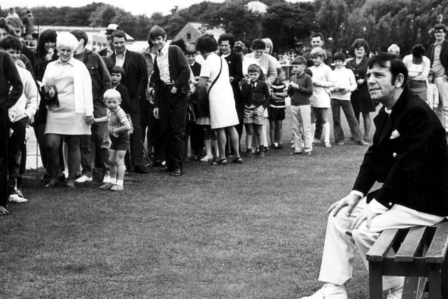Norman Wisdom before the start of a charity cricket match, organised by the North West Region of the British Leprosy Relief Association at Stanley Park in 1970