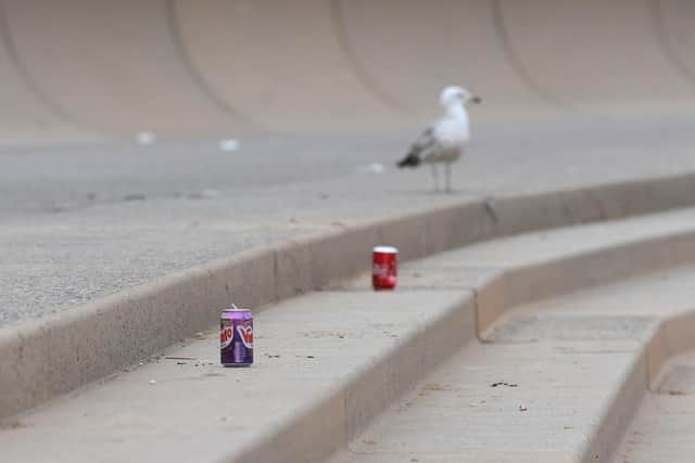 Drinks can discarded on the steps to the beach in Blackpool