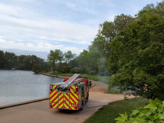 Fire crews attending the bin fire at Stanley Park in Blackpool on Saturday evening