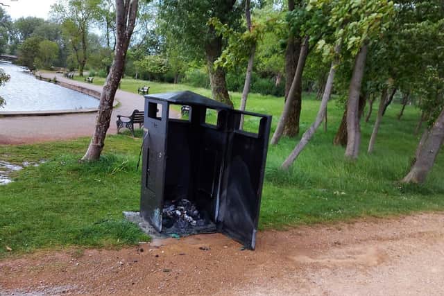 The burnt out bin at Stanley Park in Blackpool