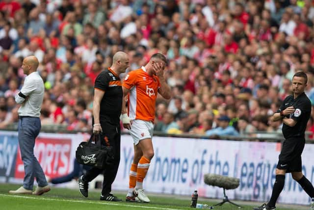 Aldred leaves the Wembley field in tears during Blackpool's play-off final against Exeter City in 2017