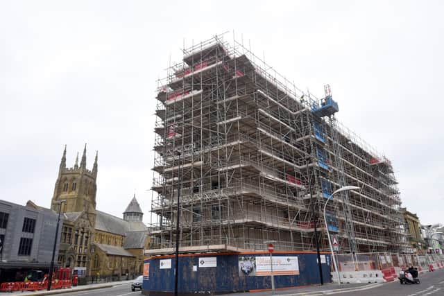 The Premier Inn development still shrouded in scaffolding