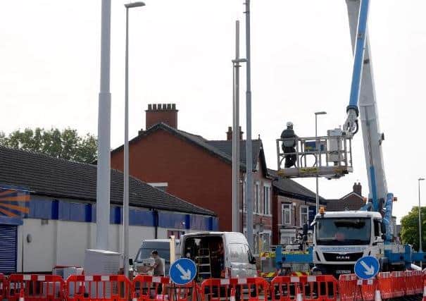 The new 5G mast being installed in Whitegate Drive, Blackpool